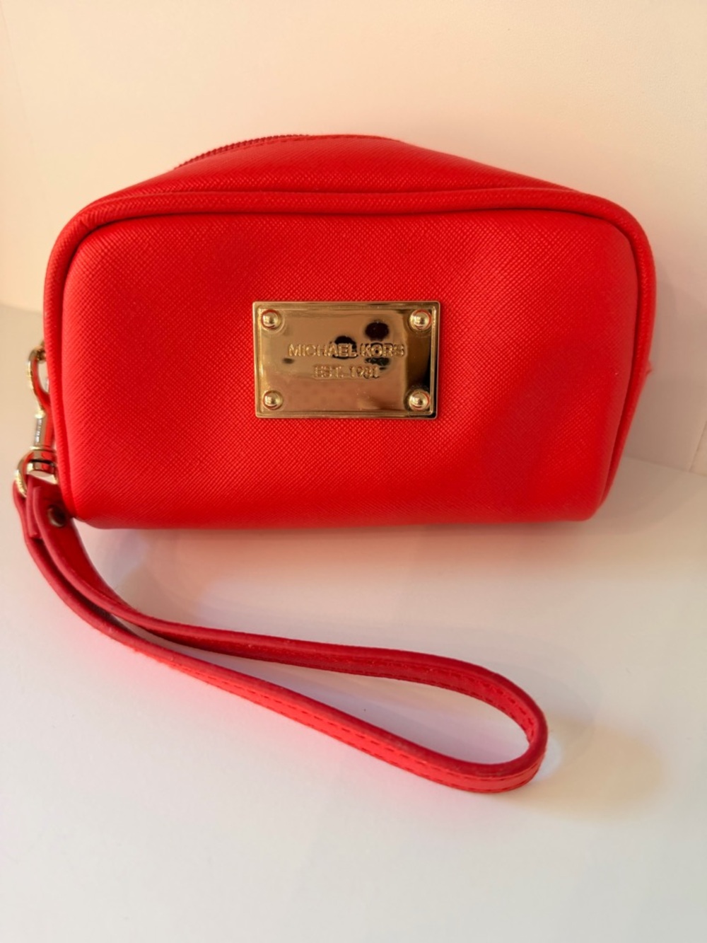 Michael Kors Red Wristlet Cosmetic Case with Gold Plaque